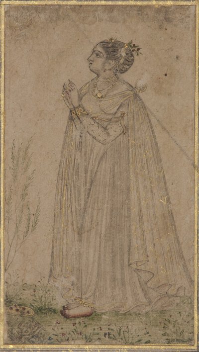 一位公主崇拜太阳，c.1600（不透明的wc和黄金在纸上） 作者 印度学校
