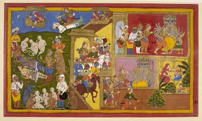 Add.15297(1)，f.34 Sahibdin and workshop，Rama and Lakshmana Bound，选自 "Mewar Ramayana"（《梅瓦尔罗摩衍那》）。 作者 印度学校