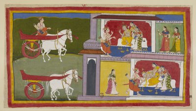 Add 15296 (1) f.72r，左边，苏曼特拉回到阿约提亚，进入宫殿向国王传达罗摩的遗言，国王与考萨亚和苏米特拉坐在一起。国王昏厥过去，被苏曼特拉和王后们抓住。 作者 印度学校