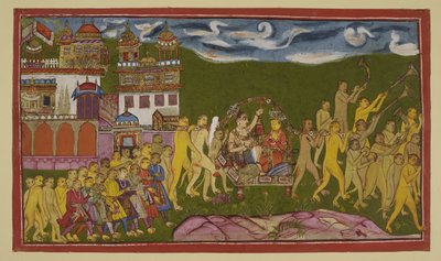 Add 15296 (2) f.43r, 苏格利瓦和拉克斯马纳乘坐金色轿子，由猴子抬着，从基斯金达（Kiskindha）出发。 作者 印度学校