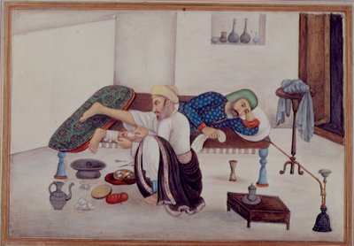 Add 27255 fol.219v 外科医生与病人，选自詹姆斯-斯金纳上校（1778-1841 年）1825 年编撰的《Tashrih al-aqvam》（纸面水粉画） 作者 印度学校