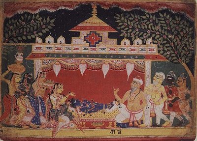 拉贾斯坦邦梅瓦尔，分散的 "Bhagavita Purana "中对婴儿克里希纳的崇拜。 作者 印度学校