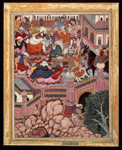Amr，伪装成外科医生Mazmahil，对Antali的巫师实行捣蛋，约1570（不透明水彩和棉花上的金色） 作者 印度学校
