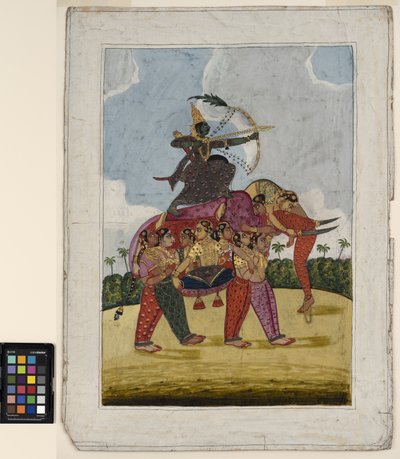 由跳舞妇女组成的复合大象，约1825年作为弓箭手的坐骑（不透明的水彩和纸上的金色） 作者 印度学校