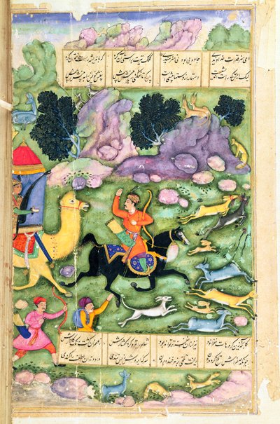 Bahram Gur在与阿扎德狩猎时展示他的英勇，来自The Eight Paradises的作品集107a，由Amir Khusrau Dihlavi（1253-1325）根据Nizami，Mughal的Khamsa（五重奏）的故事撰写 作者 印度学校