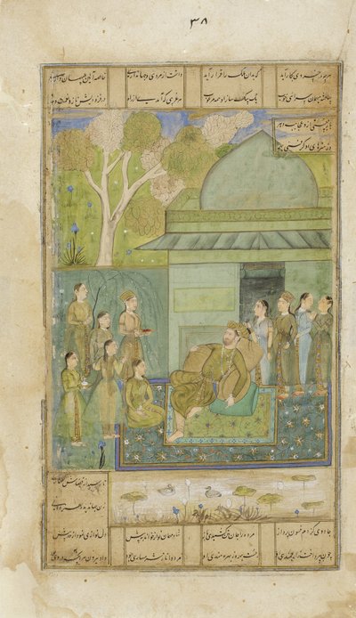 Bahram Gur在绿色的亭子里，c.1690（不透明的wc＆黄金在纸上） 作者 印度学校