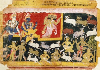 梵天向毗湿奴的化身向克里希纳致敬，约1540-1575年 作者 印度学校