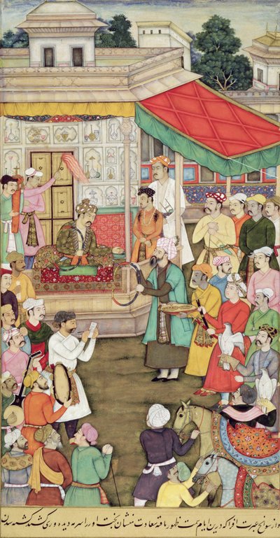 CBL在03.54 Akbar（r.1556-1605）收到来自Akbarnama的巴达赫尚大使的礼物，c.1605 作者 印度学校