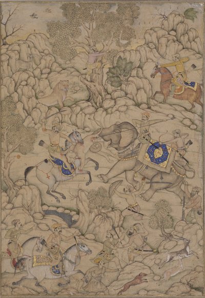 Lion Hunt中的危险，c.1600（纸上不透明的wc） 作者 印度学校