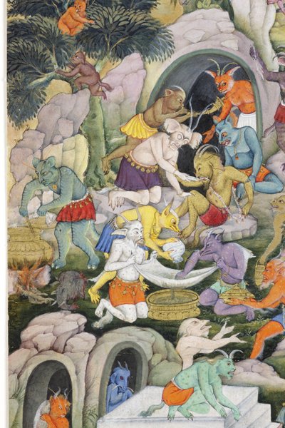 来自狂野景观中的恶魔的细节，c.1600（纸上不透明的wc和黄金） 作者 印度学校