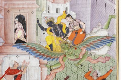 来自克里希纳的细节用他的铁饼劈开恶魔Narakasura，c.1585-90（不透明的wc＆黄金在纸上） 作者 印度学校