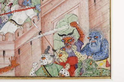 来自克里希纳的细节用他的铁饼劈开恶魔Narakasura，c.1585-90（不透明的wc＆黄金在纸上） 作者 印度学校
