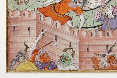 来自克里希纳的细节用他的铁饼劈开恶魔Narakasura，c.1585-90（不透明的wc＆黄金在纸上） 作者 印度学校
