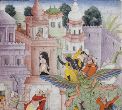 来自克里希纳的细节用他的铁饼劈开恶魔Narakasura，c.1585-90（不透明的wc＆黄金在纸上） 作者 印度学校
