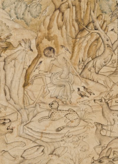 来自旷野的Majnun的细节，c.1595（不透明的wc＆黄金在纸上） 作者 印度学校