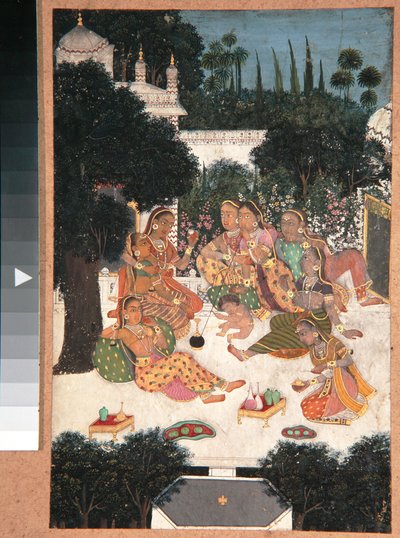 宫殿露台上有八个女人和一个孩子，1760（纸上不透明的wc） 作者 印度学校