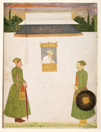 皇帝Aurangzeb在jharokha窗口，前景中的两个贵族，c.1710（纸上不透明的黄金） 作者 印度学校