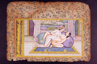 在豪华的闺房，拉贾斯坦微型绘画的色情场景 作者 Indian School