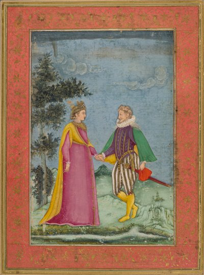 身着伊丽莎白时代服装的欧洲绅士和淑女，选自《Dara Shikoh》的插图，约 1630-40（牛皮纸上的水彩画和金箔） 作者 印度学校