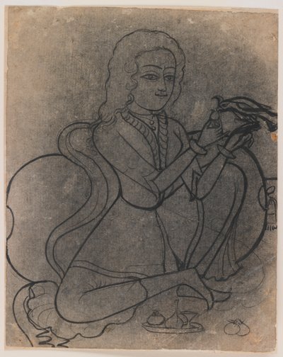 喂养鹦鹉的欧洲女孩，c.1780（墨水在纸上，pounced为transer） 作者 印度学校