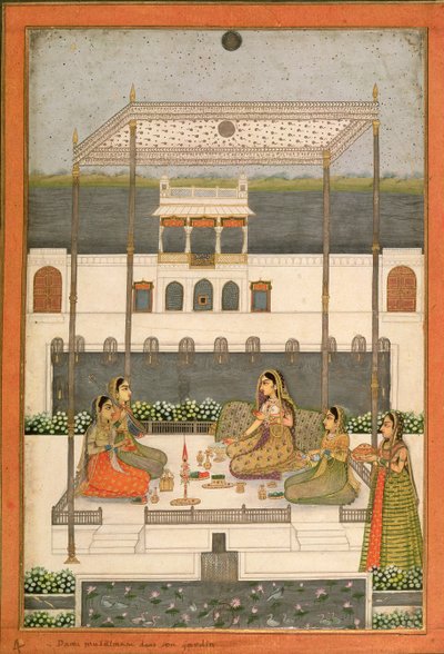 晚上在莫卧儿宫殿，拉克瑙或Murshidabad，西孟加拉邦，1760年的花园举行派对 作者 印度学校