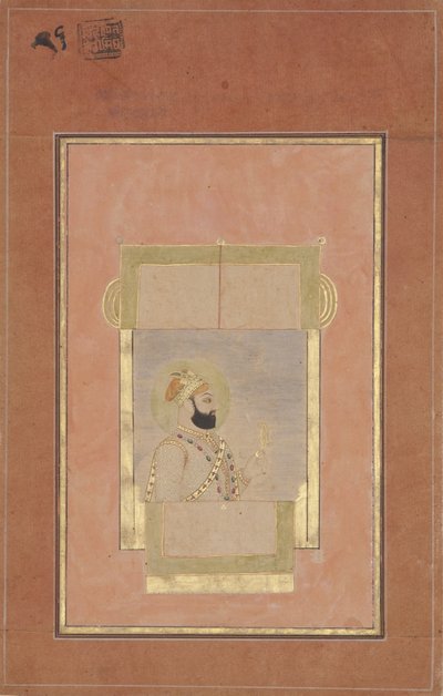 Farrukh Siyyar坐在一扇窗户上，拿着一块金色的帆布，1715年（不透明的wc和黄金在纸上） 作者 印度学校