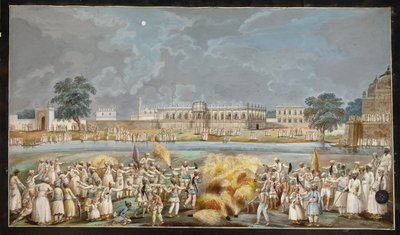 约 1790-1800 年，穆尔希达巴德河边纳瓦布宫殿的一部分，阿格纳宫殿外的皎洁月夜烟花表演（纸面水彩画） 作者 印度学校