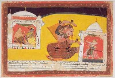 Folio 27 Laksmama切割了Surpanakha的鼻子，来自罗摩衍那，在Devanagari，Malwa，Rajput学校，17世纪晚期的背面刻有 作者 印度学校