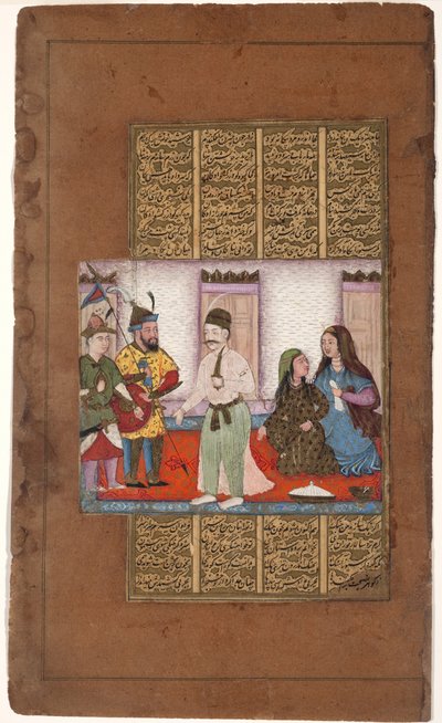 Garsivaz逮捕Bizhan在Manizhas公寓，c.1610（不透明wc＆黄金在纸上） 作者 印度学校