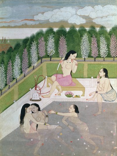女孩沐浴，Pahari风格，Kangra学校，Himachel Pradesh，18世纪 作者 Indian School
