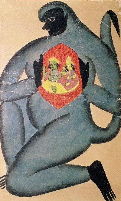 Hanuman揭示了拉玛和西塔在他心中所描绘的，由帕图瓦种姓的成员绘制，1880年 作者 印度学校