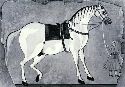 皇帝马厩的马和马夫，约1660年（平版印刷）。 作者 印度学校