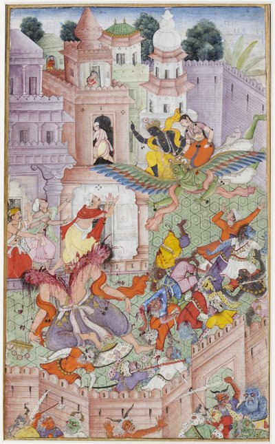 克里希纳用他的铁饼抄袭恶魔Narakasura，c.1585-90（不透明的wc＆黄金在纸上） 作者 印度学校
