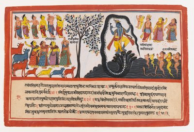 Krishna征服蛇Kaliya，页面来自分散的Bhagavata Purana系列，1775年（不透明的wc和黄金在纸上） 作者 印度学校