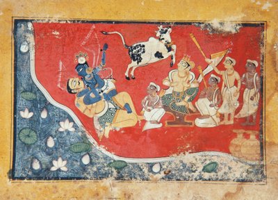 克里希纳在河边击败了一个恶魔，1560年（纸上不透明的wc） 作者 印度学校
