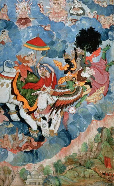 克里希纳斯与英德拉战斗，1590年 作者 印度学校