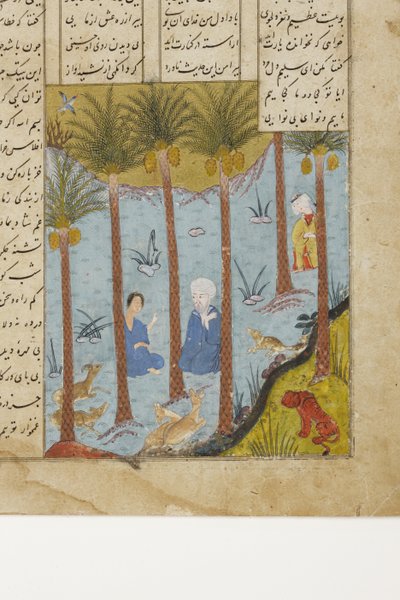 莱拉在一个棕榈树林中访问Majnun，c.1475（不透明的wc和黄金在纸上） 作者 印度学校