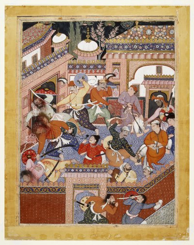 由Songhur Balkhi和Lulu the Spy带领，Ayyars Slit the Throats of Prison Guards和Free Said Farrukh-Nizhad，1557  -  1572（不透明的水彩和棉布上的金色） 作者 印度学校