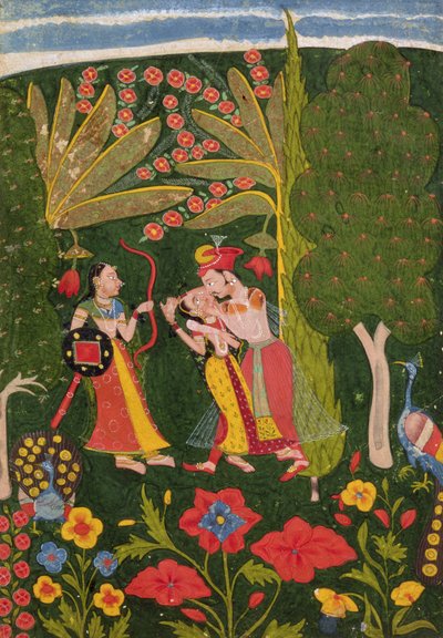 恋人拥抱在森林，Bundi，c.1650（牛皮纸上的水粉） 作者 印度学校