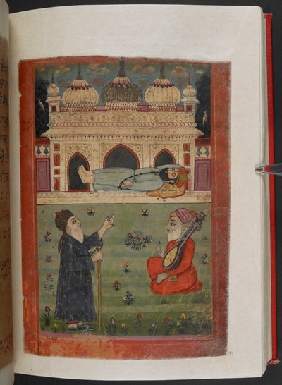 MS Panj B 40，f.47r，纳那克大师在麦加城安息，马尔达纳和一位当地毛拉在旁观看，插图选自《纳那克大师传》。 作者 印度学校