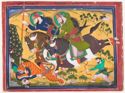 拉姆-辛格大君猎虎，19 世纪第二季度（纸面水彩画） 作者 印度学校