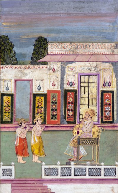 Maharaja Sawai Jai Singh受到两名加冕男子的欢迎，第1735号（不透明的wc和黄金在纸上） 作者 印度学校