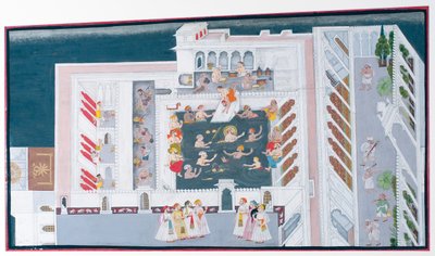 Maharana Jagat Singh II在一个宫殿游泳池中嬉戏，c.1746-50（不透明的wc和黄金在纸上） 作者 印度学校