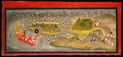 Maharana Jagat Singh II小贩和野猪狩猎，约1740年（纸上不透明w - c，银和金，安装在相册页上） 作者 印度学校