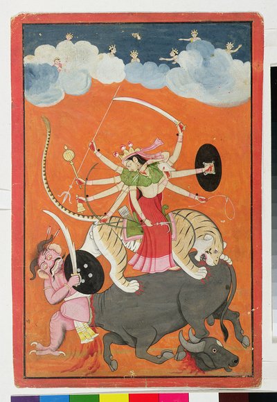 “Mahishasuramardini”，出自“Devimahatmya of Markandeya Purana”，背面刻有 Nagari 字符，Guler，帕哈里学派 作者 印度学校