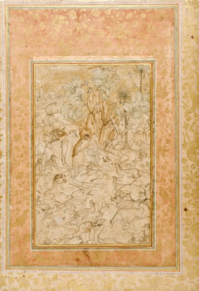 旷野中的Majnun，1595年（不透明的wc和黄金在纸上） 作者 印度学校