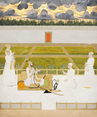 Mir Jaffar，Murshidabad的Nawab，带着朝臣和服务员，1760年（不透明的wc和黄金在纸上） 作者 印度学校