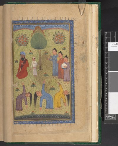 OMS/Or.1403，f.9v：苏菲与乐师和围观者一起跳舞，选自波斯诗人费尔道西创作的长篇史诗《沙纳尼》，印度 作者 印度学校