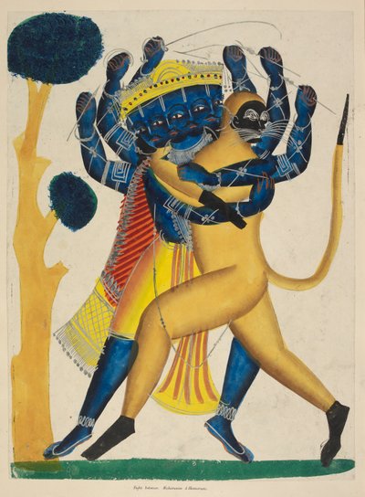 或891 哈努曼大战拉瓦纳，约 1865 年（纸面水彩画） 作者 印度学校