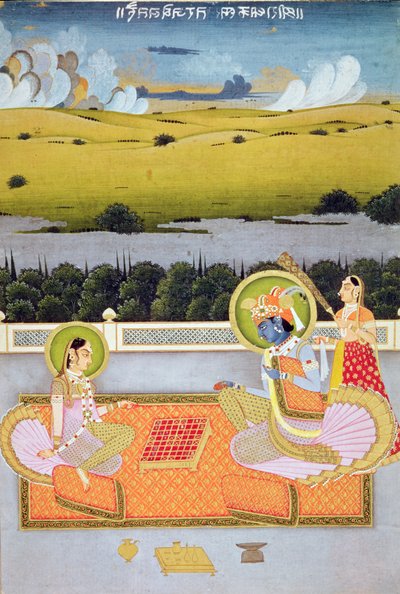 王子夫妇玩草稿，拉贾斯坦邦学校，1750 作者 印度学校